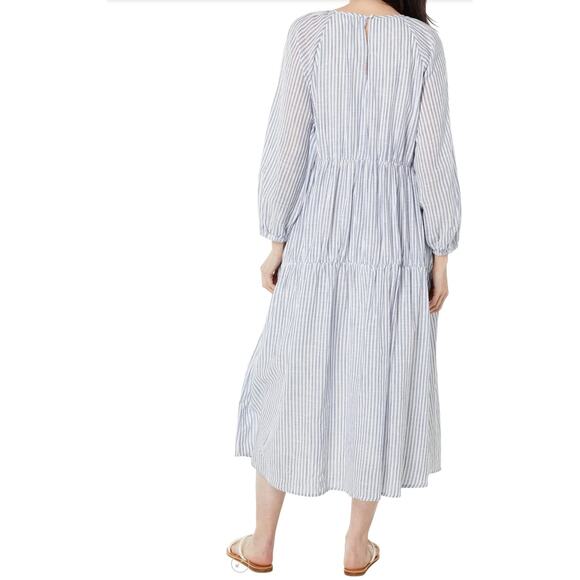 SUNDRY Stripe Woven Cotton Tiered Maxi Dress Pockets White Navy Womens Sz Small - Picture 2 of 16